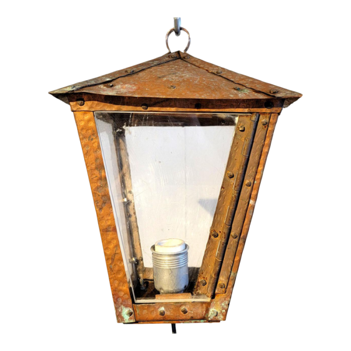 american arts and crafts hammered copper and glass one light pendant lantern 5293