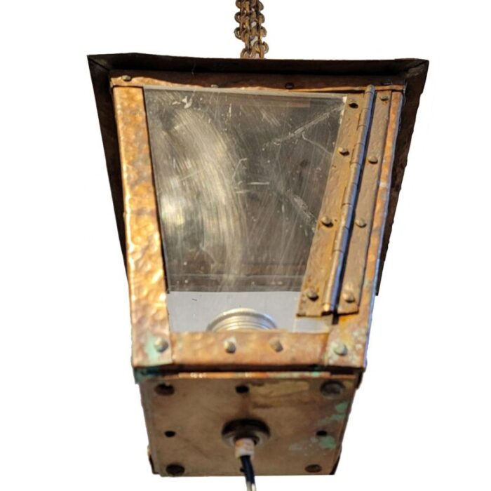 american arts and crafts hammered copper and glass one light pendant lantern 8118