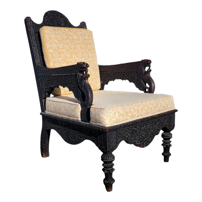 anglo raj carved rosewood and upholstered fortuny silk armchair 8771