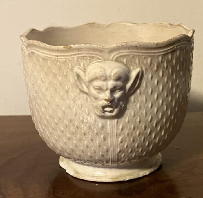 antique 18th c french pont aux choux creamware cachepot or seau a bouteille in the manner of saint cloud with grotesque mask handles 5217