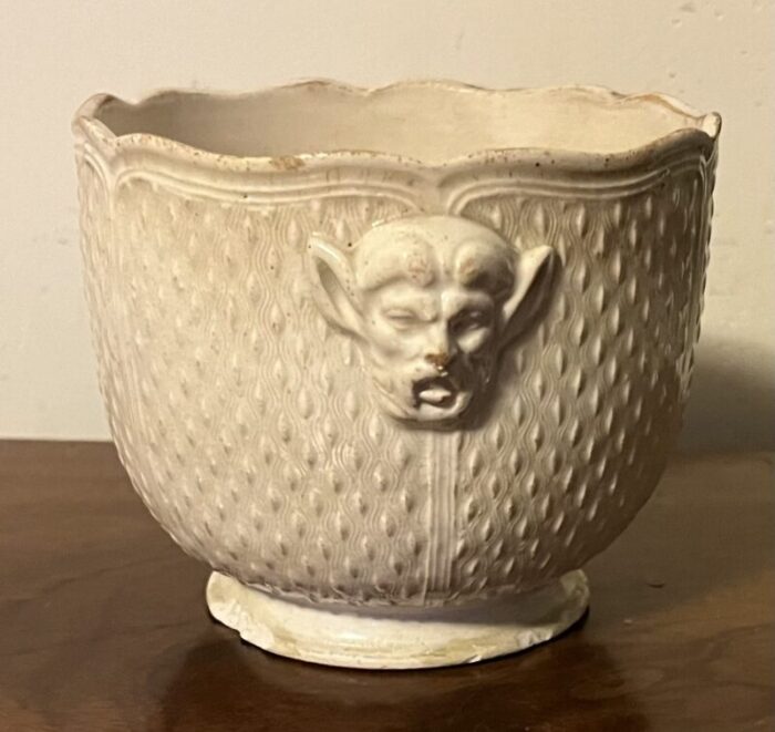 antique 18th c french pont aux choux creamware cachepot or seau a bouteille in the manner of saint cloud with grotesque mask handles 5781