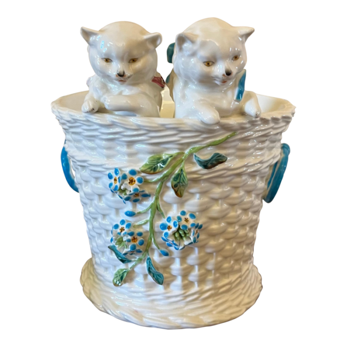 antique 19th century english porcelain cachepot jardiniere with basketweave design and two cats peeking out by thomas goode london 1648