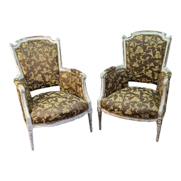 antique 19th century pair of french louis xv custom painted distressed arm chairs upholstered 5925