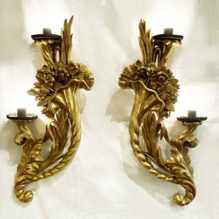 antique appliques in gilded wood and cornucopia floral carving 1700 set of 2 8