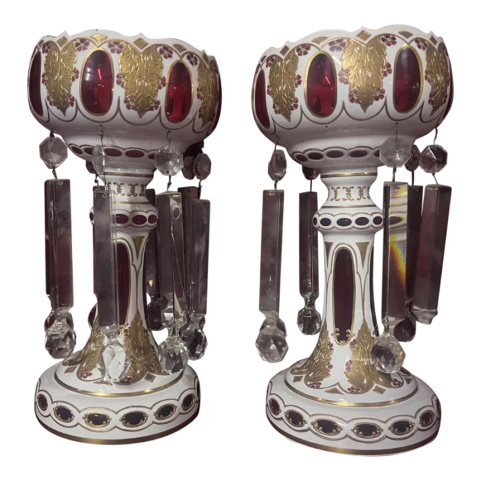 antique bohemian cranberry glass candle holders lusters pair 1659