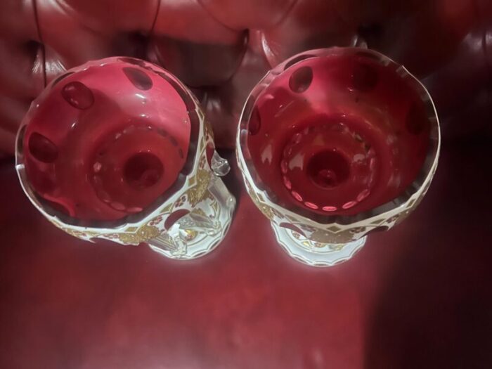 antique bohemian cranberry glass candle holders lusters pair 3547