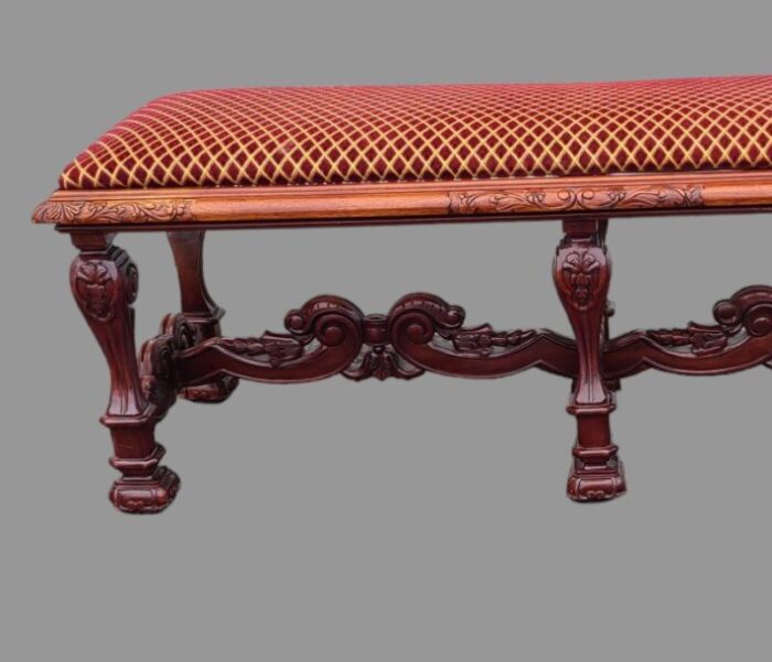 antique early 20th century carved mahogany renaissance style upholstered bench 0525