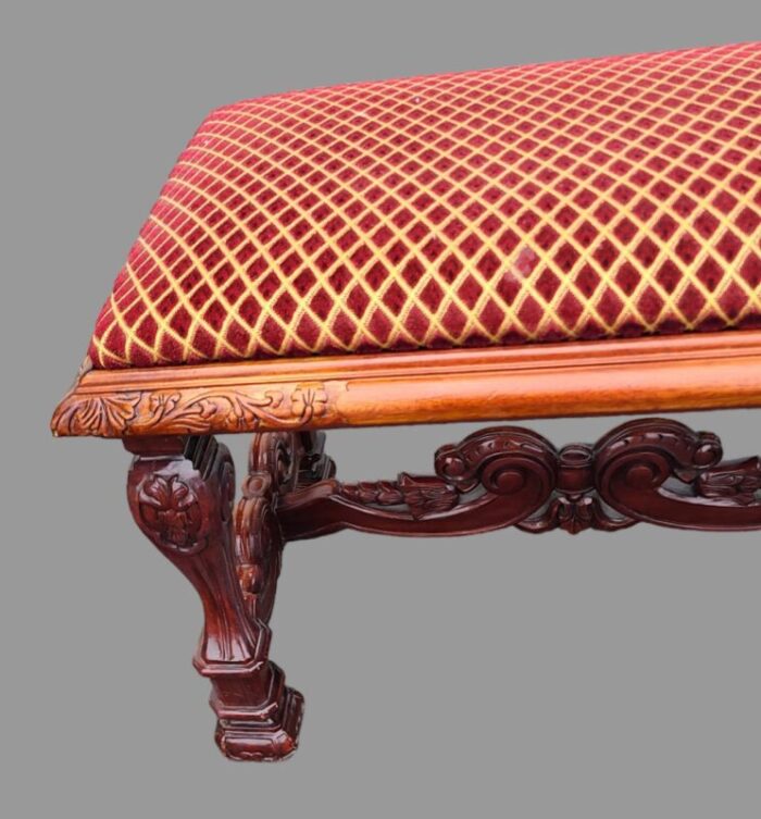 antique early 20th century carved mahogany renaissance style upholstered bench 2676