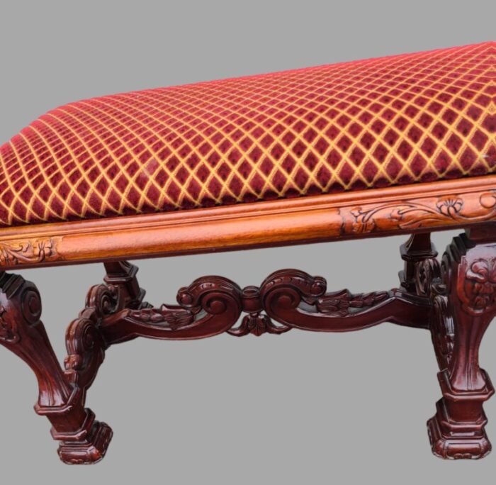 antique early 20th century carved mahogany renaissance style upholstered bench 2820