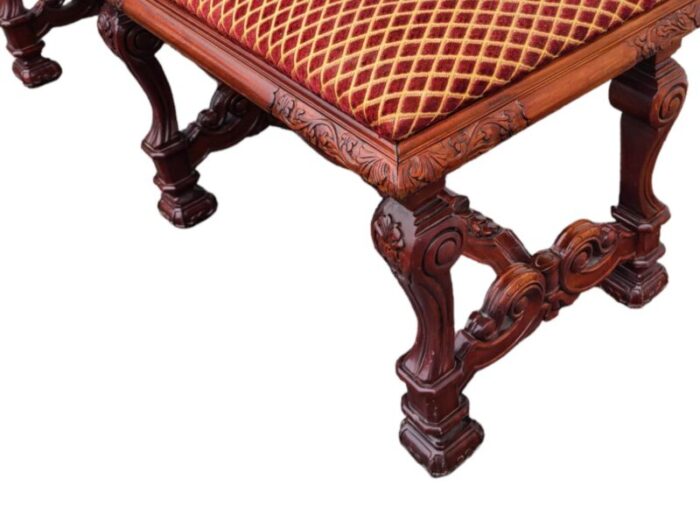 antique early 20th century carved mahogany renaissance style upholstered bench 3262