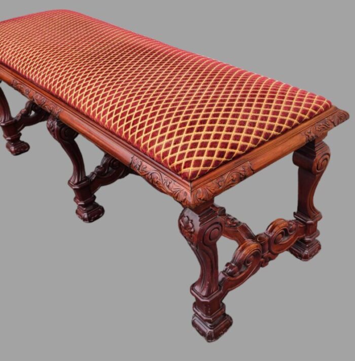 antique early 20th century carved mahogany renaissance style upholstered bench 3601