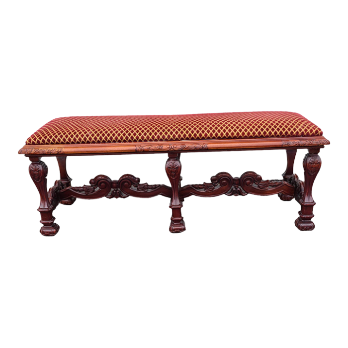 antique early 20th century carved mahogany renaissance style upholstered bench 5558