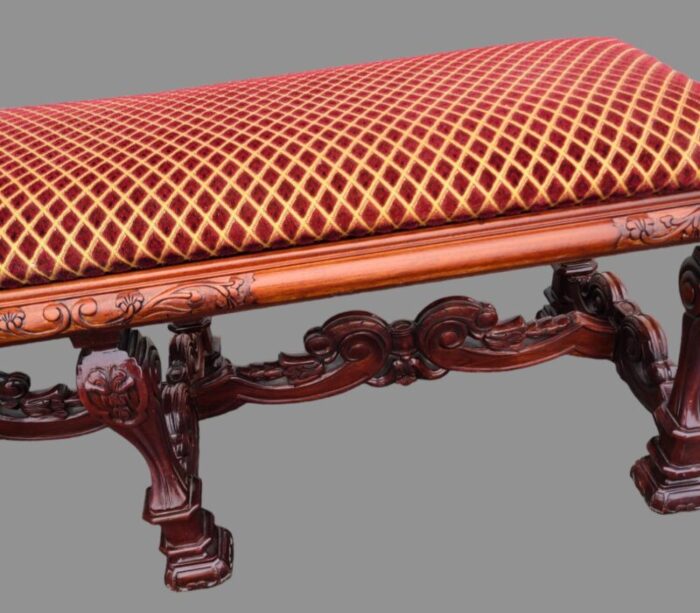 antique early 20th century carved mahogany renaissance style upholstered bench 9216