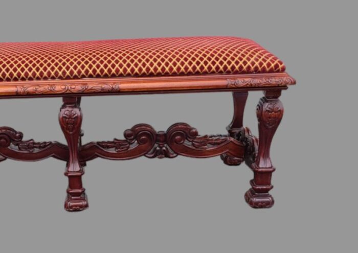 antique early 20th century carved mahogany renaissance style upholstered bench 9339