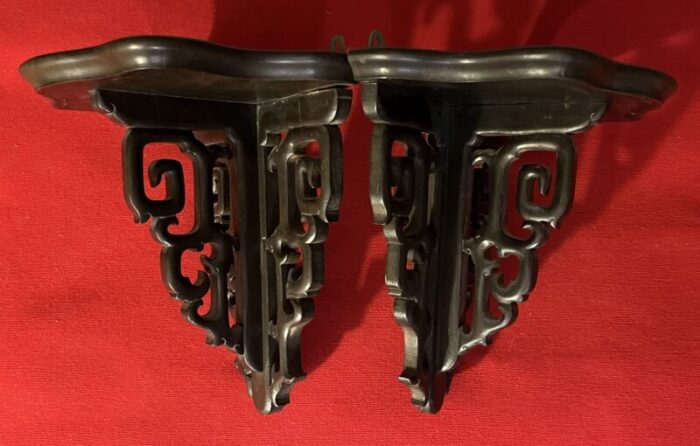 antique early 20th century chinese chippendale carved mahogany wall brackets or shelves a pair 3718