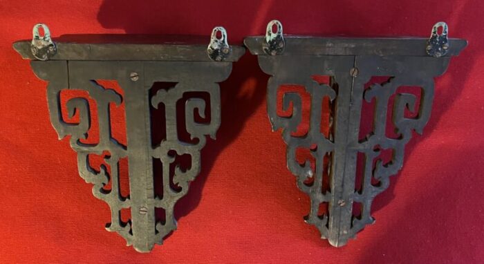 antique early 20th century chinese chippendale carved mahogany wall brackets or shelves a pair 5334