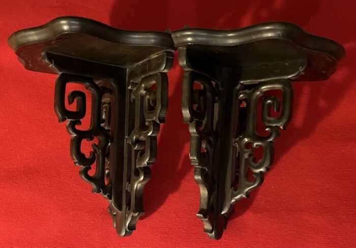 antique early 20th century chinese chippendale carved mahogany wall brackets or shelves a pair 6729