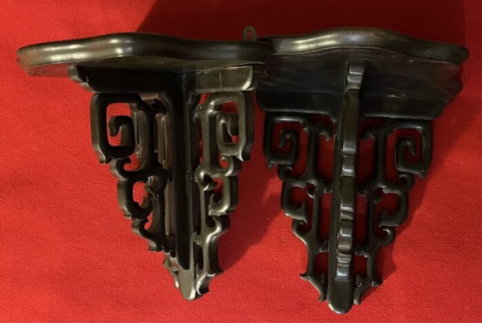 antique early 20th century chinese chippendale carved mahogany wall brackets or shelves a pair 8280