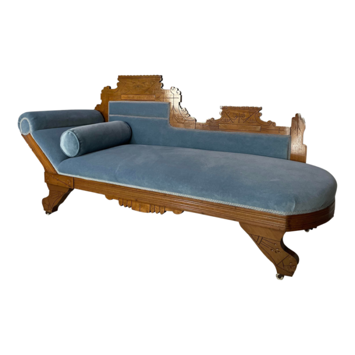 antique fainting couch in newly upholstered sky blue velvet 9722