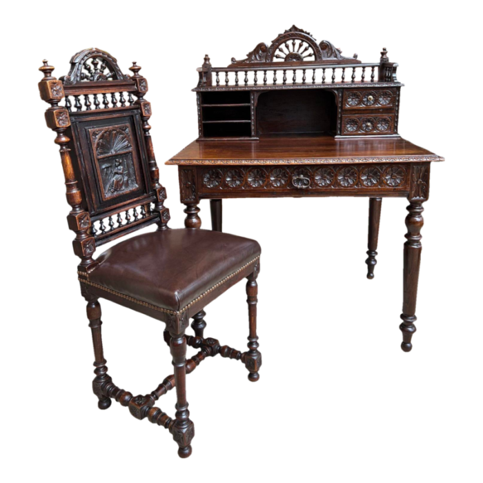 antique french carved oak writing desk secretary and chair breton brittany set 3521