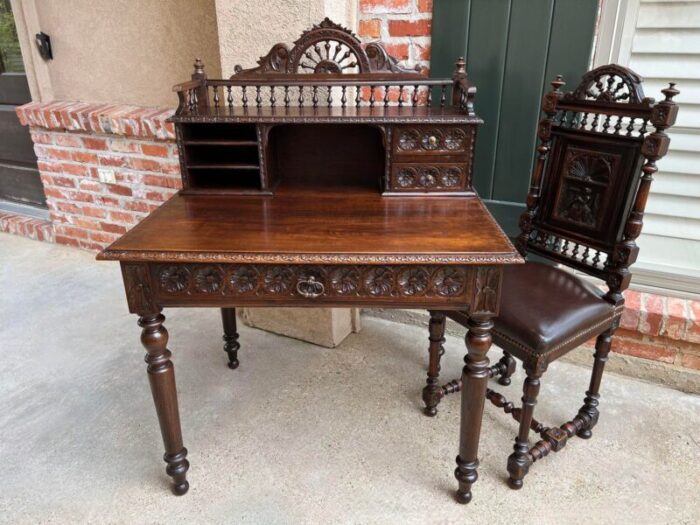 antique french carved oak writing desk secretary and chair breton brittany set 5325