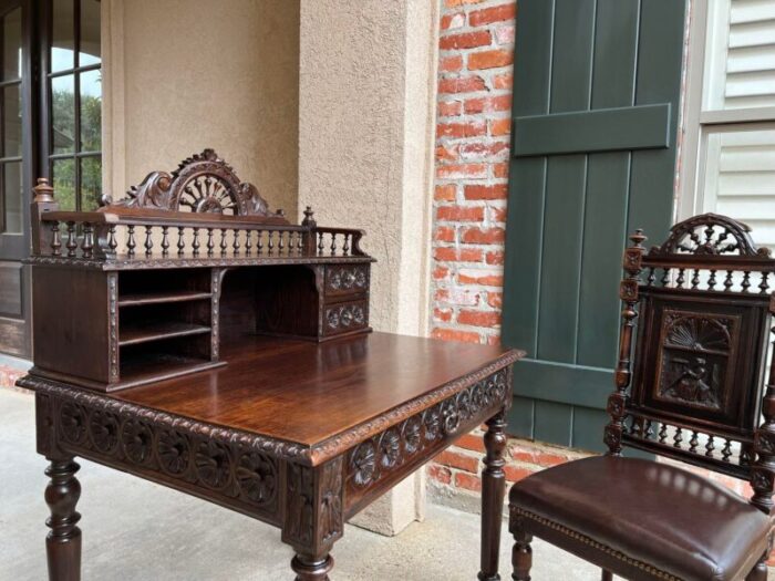 antique french carved oak writing desk secretary and chair breton brittany set 8023