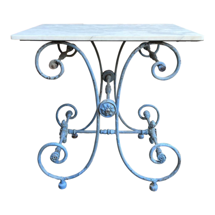 antique french pastry bakers table blue iron white marble small kitchen island 2492