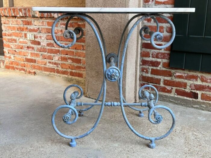 antique french pastry bakers table blue iron white marble small kitchen island 4001