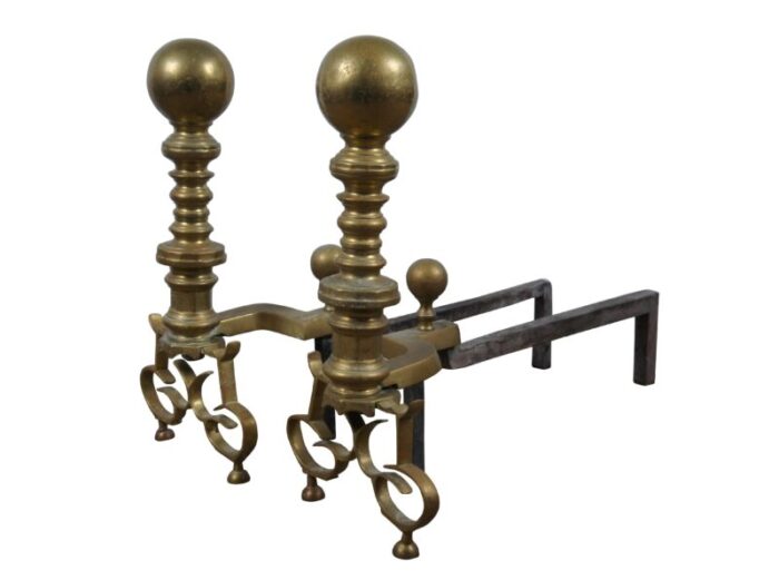 antique georgian colonial revival brass cannonball andirons fireplace fire dogs set of 2 1678