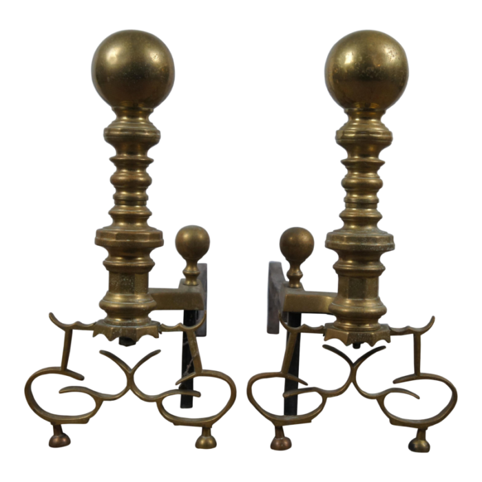 antique georgian colonial revival brass cannonball andirons fireplace fire dogs set of 2 4870