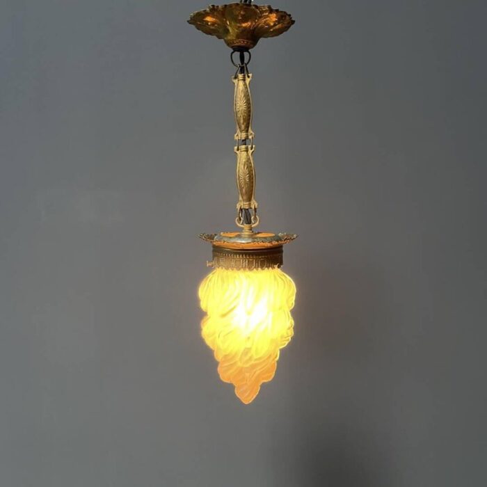 antique glass flame ceiling lamp with brass fixture 1920s 3