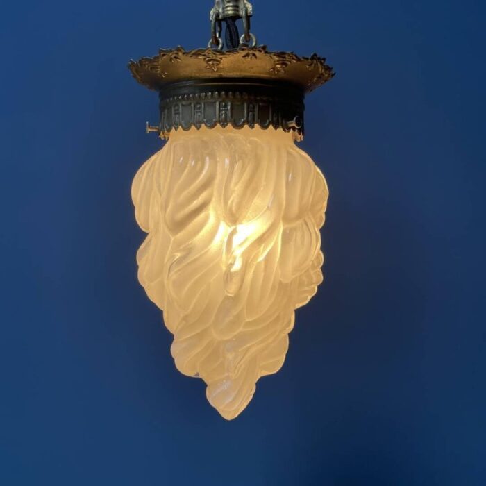 antique glass flame ceiling lamp with brass fixture 1920s 4