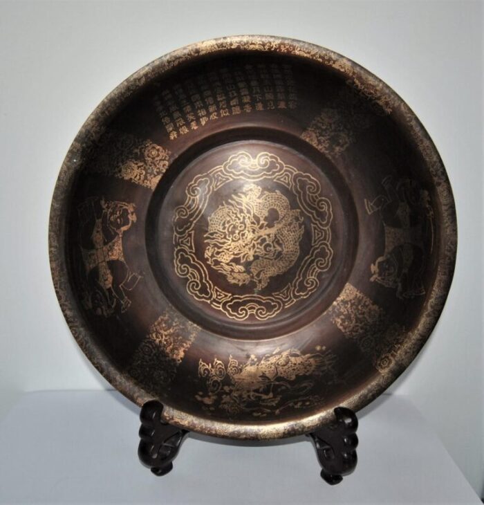 antique hongxian chinese bronze bowl inscribed etched with water dragon phoenix and children motifs 2017