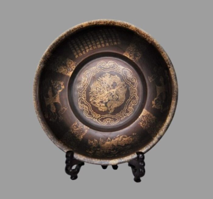 antique hongxian chinese bronze bowl inscribed etched with water dragon phoenix and children motifs 4321