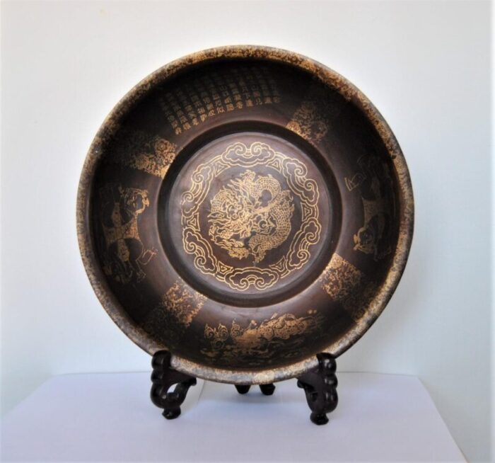 antique hongxian chinese bronze bowl inscribed etched with water dragon phoenix and children motifs 9574