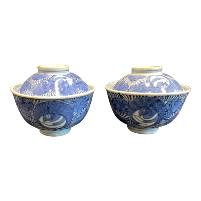 antique pair of japanese blue and white teabowls 0513