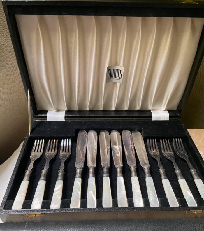 antique sheffield england boxed fishdessert forks and knives with mop handles 12 pieces 7554