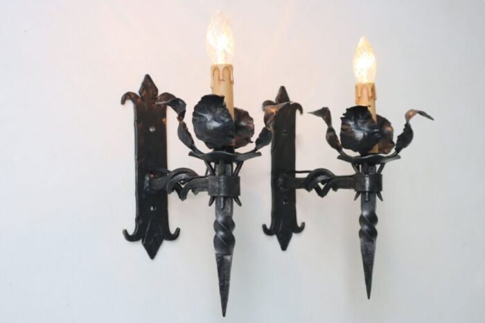 antique spanish gothic revival wall lights in wrought iron 1920 set of 6 2