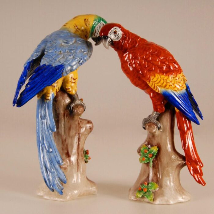 antique victorian ceramic macaw parrots birds german dresden saxe porcelain animal figurine a pair 4513