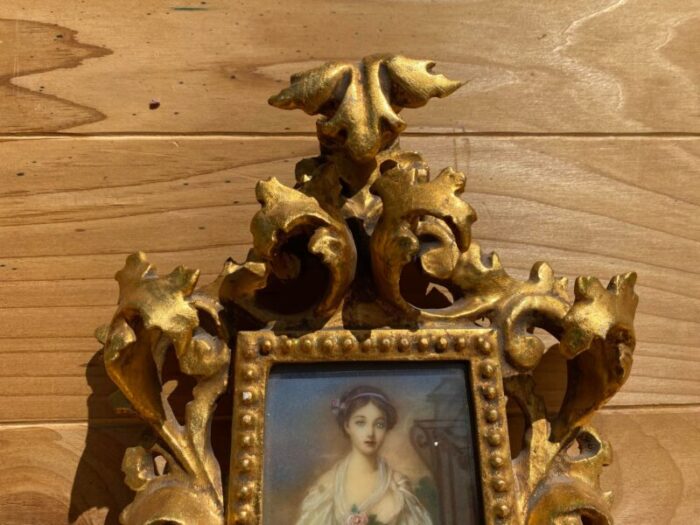 antique victorian portrait on hand painted porcelain plaque in a carved gilt wood frame set of 2 3376