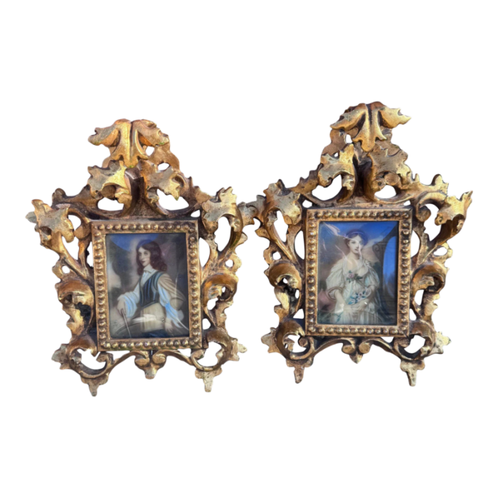 antique victorian portrait on hand painted porcelain plaque in a carved gilt wood frame set of 2 5007