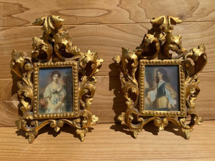 antique victorian portrait on hand painted porcelain plaque in a carved gilt wood frame set of 2 9743