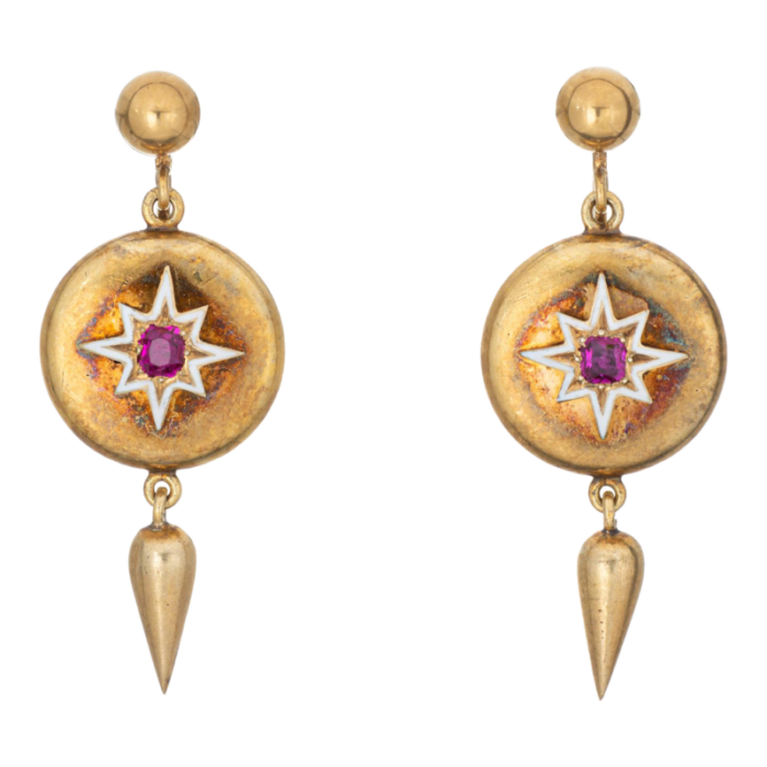 antique victorian ruby star enamel 14k yellow gold 15 drops locket earrings 2 pieces 2375