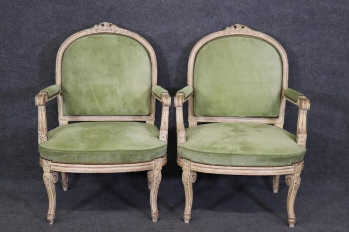 antique white paint decorated french louis xv large scale armchairs a pair 1232