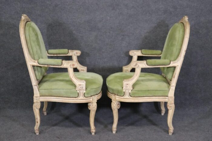 antique white paint decorated french louis xv large scale armchairs a pair 5016