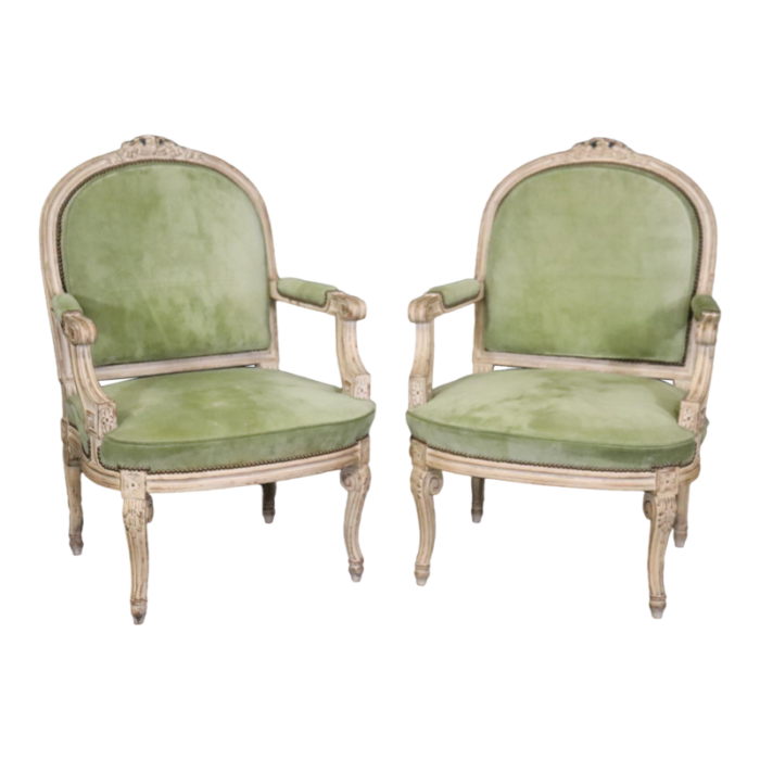 antique white paint decorated french louis xv large scale armchairs a pair 7878