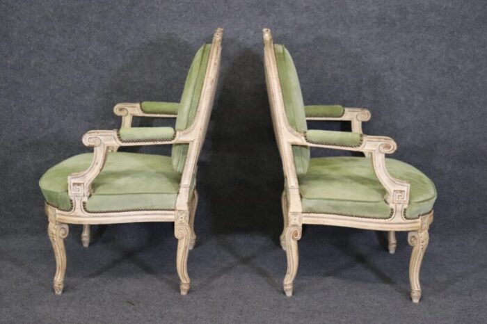 antique white paint decorated french louis xv large scale armchairs a pair 9996