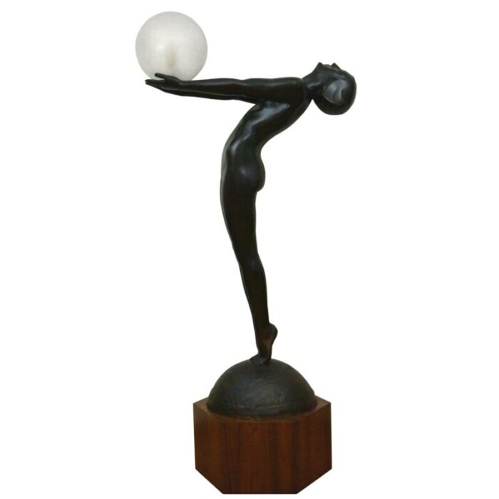 art deco bronze lamp life size clarte standing nude with globe by max le verrier with foundry mark 186 cm 1