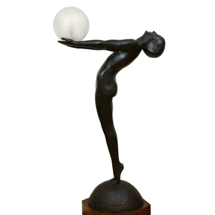 art deco bronze lamp life size clarte standing nude with globe by max le verrier with foundry mark 186 cm 10