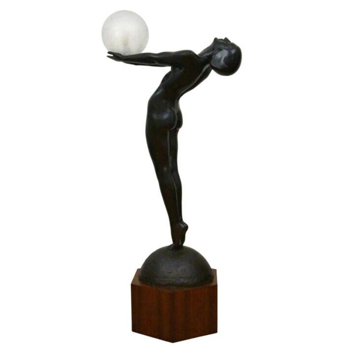 art deco bronze lamp life size clarte standing nude with globe by max le verrier with foundry mark 186 cm 3